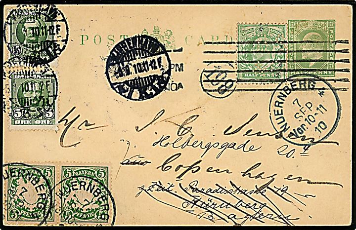 ½d Edward VII illustreret firma helsagsbrevkort fra Blundell, Spence & Co. Limited opfrankeret med ½d Edward VII med perfin BS&C fra Hull d. ?.9.1910 til København, Danmark. Opfrankeret med 5 øre Fr. VIII (2) stemplet Kjøbenhavn d. 5.9.1910 og eftersendt til Nürnberg, Bayern, Tyskland - opfrankeret igen med 5 pfg. Våben i parstykke og eftersendt fra Nuernberg d. 7.9.1910 til København. 