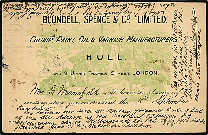 ½d Edward VII illustreret firma helsagsbrevkort fra Blundell, Spence & Co. Limited opfrankeret med ½d Edward VII med perfin BS&C fra Hull d. ?.9.1910 til København, Danmark. Opfrankeret med 5 øre Fr. VIII (2) stemplet Kjøbenhavn d. 5.9.1910 og eftersendt til Nürnberg, Bayern, Tyskland - opfrankeret igen med 5 pfg. Våben i parstykke og eftersendt fra Nuernberg d. 7.9.1910 til København. 