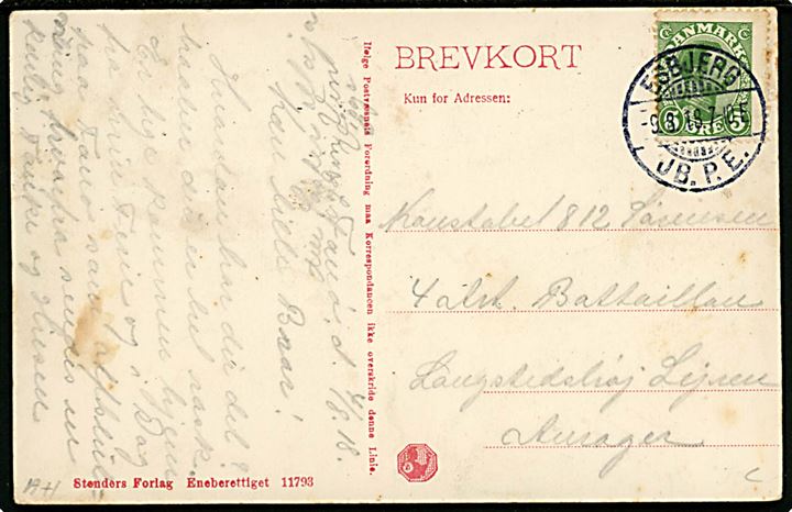 Fanø, villaer i klitterne. Stenders no. 11793. Dateret på Fanø og frankeret 5 øre Chr. X stemplet Esbjerg JB.P.E. d. 9.8.1918 til konstabel i Længstehøj lejren på Amager. 