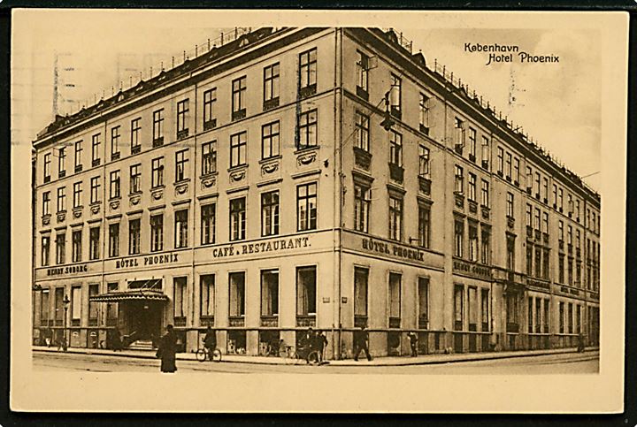 Købh. Hotel Phoenix, Cafe og Restaurant. Bredgade 37, hjørnet af Dronningens Tværgade 1-3. J. Chr. Olsen no. 243.