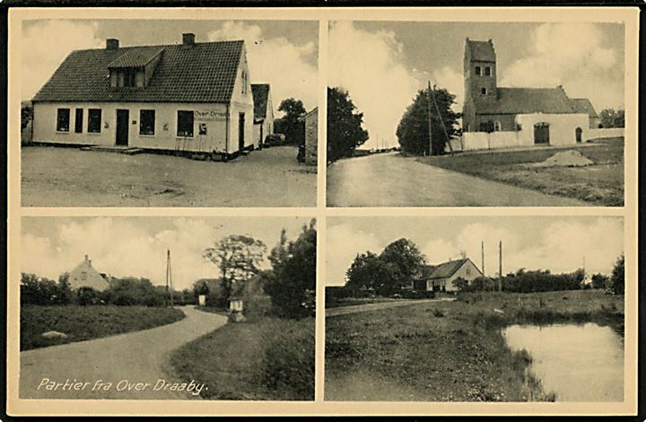 Over Draaby, partier med kirke, købmandshandel, gadekær og gadeparti. H. Schmidt no. 6041.