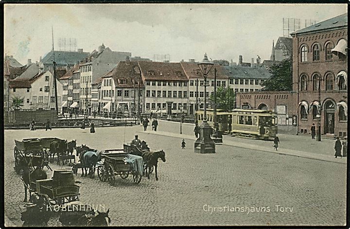 Købh., Christianshavns Torv med sporvogn linie 2. Stenders no. 3153.