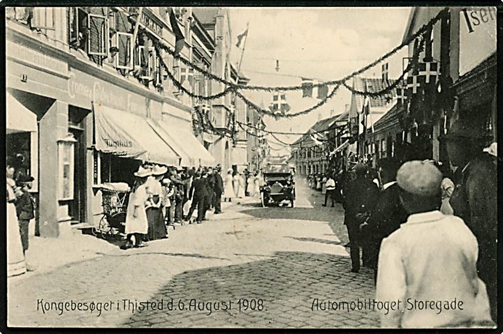 Thisted, Storegade med automobil under kongebesøget d. 6.8.1908. No. 15658.