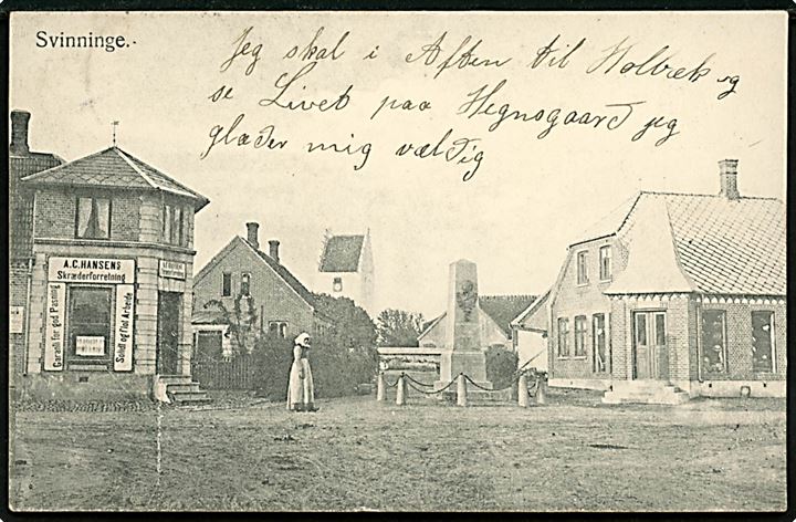 Svinninge, gadeparti med A. C. Hansen's Skrædderforretning og i baggrunden kirke. F. Hjorth u/no.