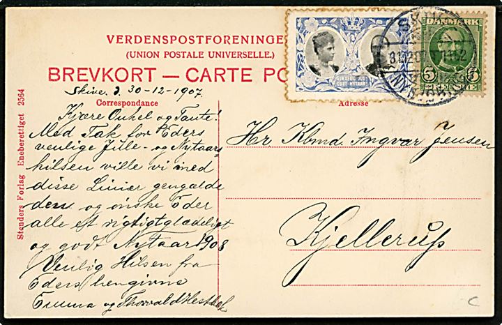 Skive, Østergade. Stenders no. 2564. frankeret med 5 øre Fr. VIII og Julemærke 1907 annulleret med bureaustempel Skive - Nykøbing T.1162 d. 31.12.1907 til Kjellerup.