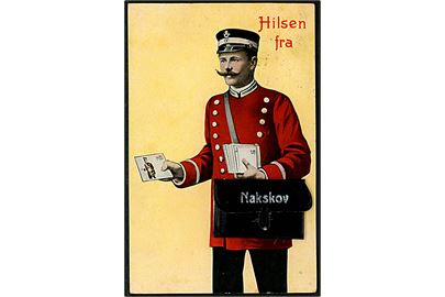 Nakskov, Hilsen fra, postbud med taske og prospekter. Stenders u/no. Frankeret med 5 øre Fr. VIII og sendt underfrankeret fra Nakskov d. 29.6.1911 til Silkeborg. Udtakseret i 10 øre porto.