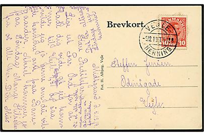 10 øre Chr. X på brevkort (Langkærhus, Lindeballe) annulleret med bureaustempel Vejle - Herning T.1188 d. 5.12.1919 til Vejle.