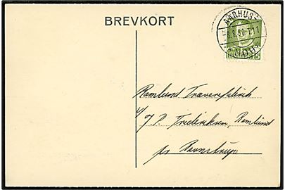 15 øre Fr. IX på brevkort fra Odder annulleret med bureaustempel Aarhus - * Hou * T.11 d. 8.8.1950 til Ravnstrup.