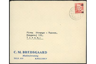 30/20 øre Provisorium på brev fra Kjellerup annulleret med bureaustempel Silkeborg - Rødkærsbro T.16 d. 8.2.1956 til Virum.