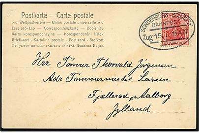 10 pfg. Germania på brevkort (Hilsen fra Lysabbel - Als med bl.a. jernbanestation) annulleret med bureaustempel Sonderburg - Schauby Bahnpost Zug 15 d. 15.4.1907 til Fjællerad pr. Aalborg, Danmark.