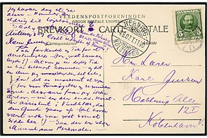 5 øre Fr. VIII på brevkort (Gadeparti fra Aulum) annulleret med svagt stjernestempel AULUM og sidestemplet bureau Herning - Holstebro T.1190 d. 4.8.1907 til København.