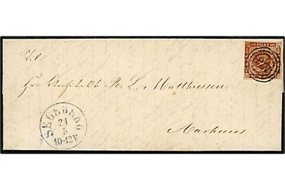 4 sk. 1858 udg. på brev annulleret med nr.stempel 133 og sidestemplet antiqua Segeberg d. 24.5.1863 til Aarhus.