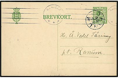 5 øre Chr. X helsagsbrevkort annulleret med stjernestempel TAANUM og sidestemplet Randers d. 23.7.1918 til Randers.