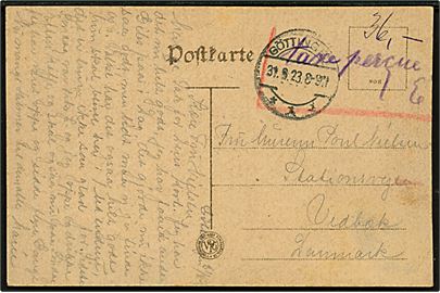 36.000 mk. kontant frankeret brevkort med påskrevet Taxe percue fra Göttingen d. 31.8.1923 til Vedbæk, Danmark. (Korrekt porto 24.-31.8.1923).