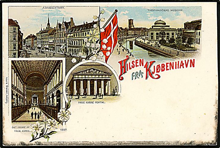 Købh., Hilsen fra Kjøbenhavn med Amagertorv, Thorvaldsens Museum og partier fra Frue Kirke. L. Glaser no. 1327.