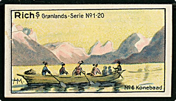 Harald Moltke: Konebaad No. 6. Rich's Grønlands-serie No. 1-20 med gengivelse af malerier fra den danske litterære Grønlands-Ekspedition 1902-1904. Samlemærke 3½x6 cm. 