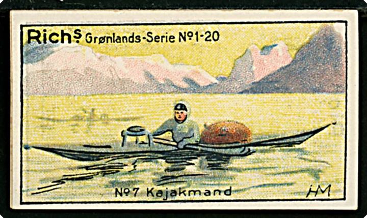 Harald Moltke: Kajakmand No. 7. Rich's Grønlands-serie No. 1-20 med gengivelse af malerier fra den danske litterære Grønlands-Ekspedition 1902-1904. Samlemærke 3½x6 cm. 