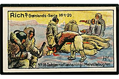 Harald Moltke: Isbjørneflænsning i Melvillebugten No. 16. Rich's Grønlands-serie No. 1-20 med gengivelse af malerier fra den danske litterære Grønlands-Ekspedition 1902-1904. Samlemærke 3½x6 cm. 