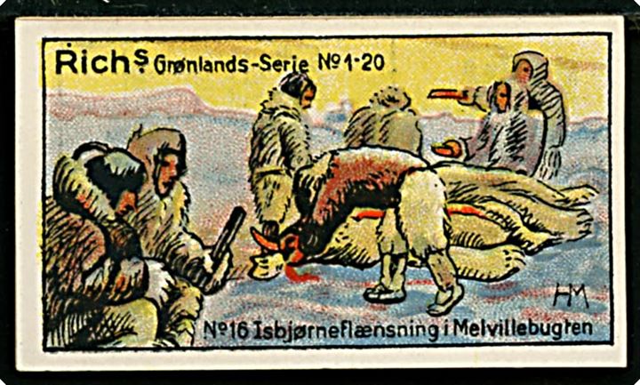 Harald Moltke: Isbjørneflænsning i Melvillebugten No. 16. Rich's Grønlands-serie No. 1-20 med gengivelse af malerier fra den danske litterære Grønlands-Ekspedition 1902-1904. Samlemærke 3½x6 cm. 