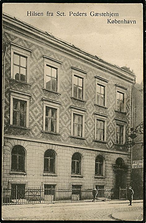 Købh. Sct. Peders Gæstehjem og spisehus. Sct. Pederstræde 19. Nedlagt i 1910. U/no. 