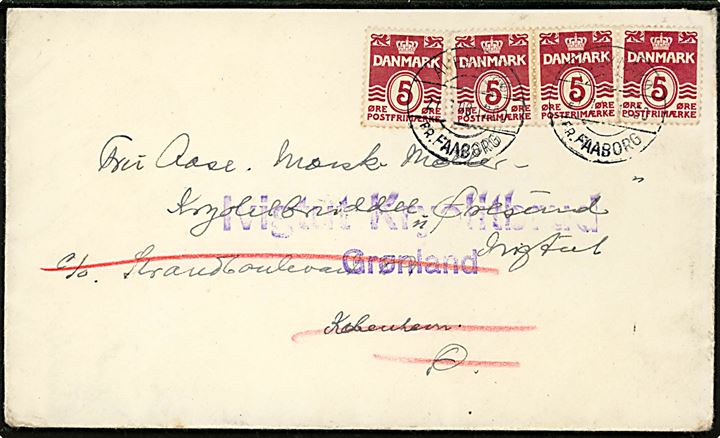 5 øre Bølgelinie (4) på brev fra Korshavn på Avernakø annulleret med pr.-stempel Avernakø pr. Faaborg d. 27.7.1948 til Aase Mærsk-Møller, Kryolitbruddet Øresund, Ivigtut c/o Strandboulevard 89, København Ø - eftersendt til Grønland med violet stempel: Ivigtut Kryolitbrud / Grønland.