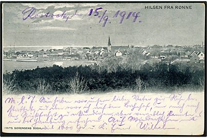 Hilsen fra Rønne. Frits Sørensen Boghandel u/no. Anvendt 1914 i Rostock. 