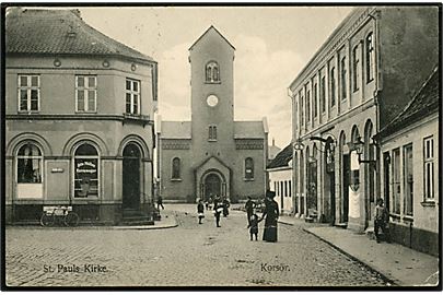 Korsør. St. Pauls Kirke og Kurvemager Otto Müllers forretning. H. Schultz u/no. 