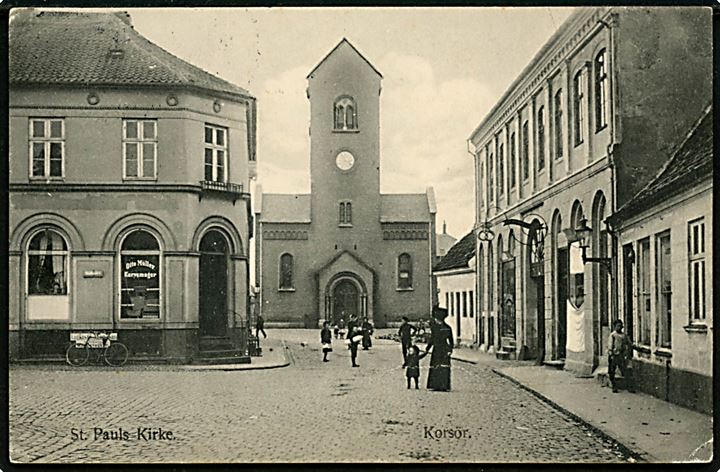 Korsør. St. Pauls Kirke og Kurvemager Otto Müllers forretning. H. Schultz u/no. 