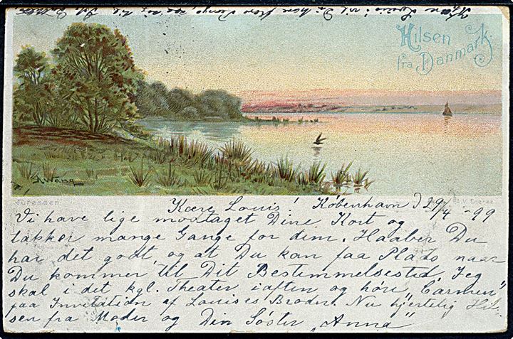 10 øre Våben m. matricefejl “Streg til venstre for våben-skjold” på brevkort (Hilsen fra Danmark, Furesøen) fra Kjøbenhavn d. 29.4.1899 til poste restante i Zürich, Schweiz.