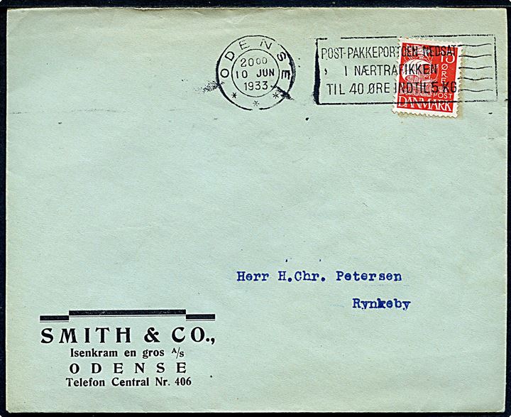 15 øre Karavel på brev annulleret med TMS Odense ***/“Post-Pakkeportoen nedsat i Nærtrafikken til 40 Øre indtil 5 kg.” d. 10.6.1933 til Rynkeby. 