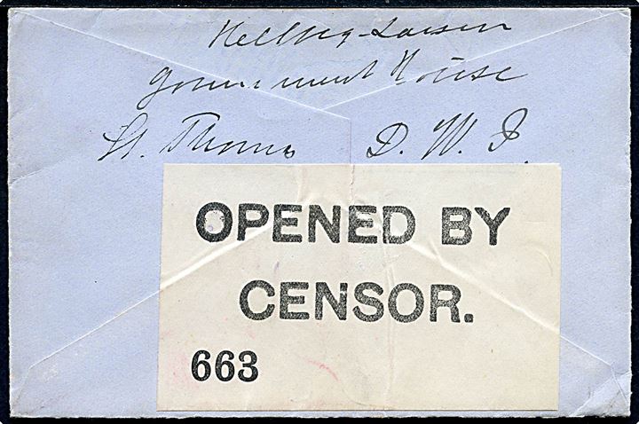 25 bit Fr. VIII på brev fra guvernør Hellweg-Larsen i St. Thomas d. 15.4.1916 til Klein Flottbeck b. Hamburg, Tyskland. Kuvert sendt åben, men påsat britisk censur banderole: “Opened by censor. 663” på bagsiden.