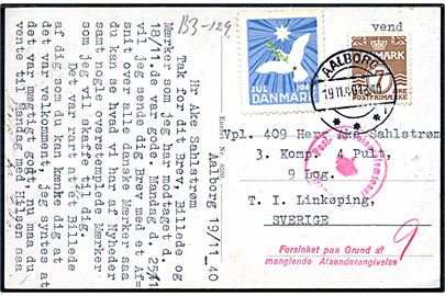 7 øre Bølgelinie ,15 øre Karavel og Julemærke 1940 på for- og bagside af brevkort fra Aalborg d. 19.11.1940 til svensk soldat i Linköping, Sverige. Censureret med rødt stempel: Forsinket paa Grund af manglende Afsenderangivelse. 