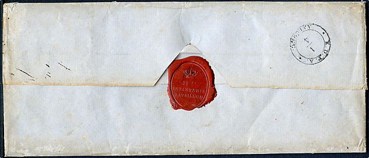 Aprilbrev 1851. Ufrankeret tjenestebrev mærket “2½ Lod” og på bagsiden 1½-ringsstempel K.D.P.A. Aalborg d. 1.4.1851 til 2den Forstærknings Bataillons Depot i Sønderborg. Laksegl fra 11te Infanteri Batallion. Attest Carl Aage Møller. 