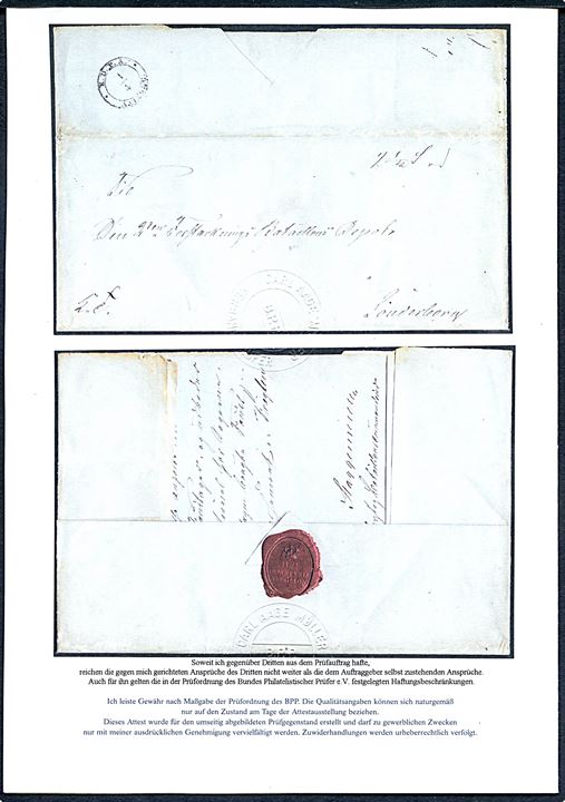 Aprilbrev 1851. Ufrankeret tjenestebrev mærket “2½ Lod” og på bagsiden 1½-ringsstempel K.D.P.A. Aalborg d. 1.4.1851 til 2den Forstærknings Bataillons Depot i Sønderborg. Laksegl fra 11te Infanteri Batallion. Attest Carl Aage Møller. 