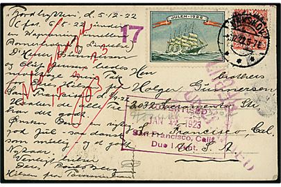 25 øre Chr. X og Julemærke 1922 på brevkort stemplet Nakskov d. 6.12.1922 til San Francisco, USA. Retur med stempler: “Unclaimed” og “Advertised 17.1.1923 San Francisco, Calif. Due 1 Cent.”.