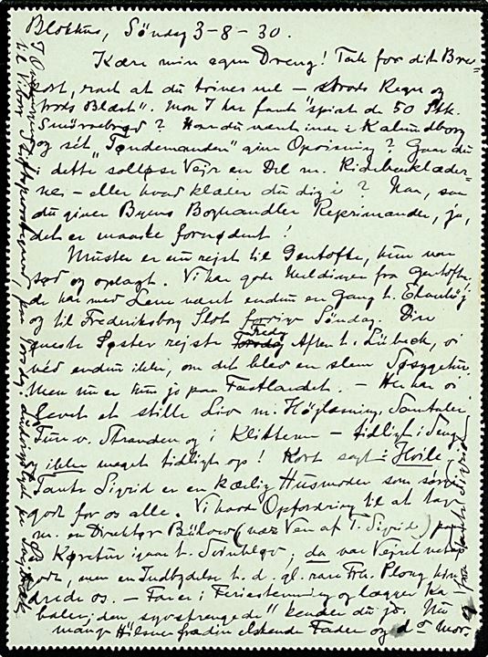 10 øre helsags korrespondancekort (fabr. 56-H) med 5 øre Bølgelinie annulleret med udslebet stjernestempel BLOKHUS og sidestemplet Pandrup d. 4.8.1930 til Kalundborg. Bx: 2000,-