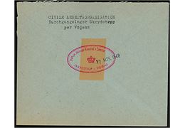 5 øre Bølgelinie og 15 øre Chr, X (3) på anbefalet brev fra Civile Arbejdsorganisation Durchgangslager Skrydstrup stemplet Vojens d. 17.3.1948 til København. På bagsiden udslebet censurstempel: Dansk Militær Kontrol’s Censur / (Krone) / Skrydstrup - Vojens. Et mærke defekt. 