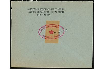 5 øre Bølgelinie og 15 øre Chr, X (3) på anbefalet brev fra Civile Arbejdsorganisation Durchgangslager Skrydstrup stemplet Vojens d. 17.3.1948 til København. På bagsiden udslebet censurstempel: Dansk Militær Kontrol’s Censur / (Krone) / Skrydstrup - Vojens. Et mærke defekt. 