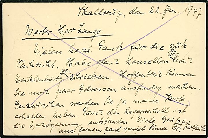 25 øre helsagsbrevkort (fabr. 155) fra tysk flygtning annulleret Sønderlev d. 23.1.1947 til Werningerode, Russisk Zone i Tyskland. Violet stempel: “(Krone) / Statens Civile Luftværn / Flygtningelejren Skallerup Klit pr. Sønderlev. Tlf. Skallerup 51.”.