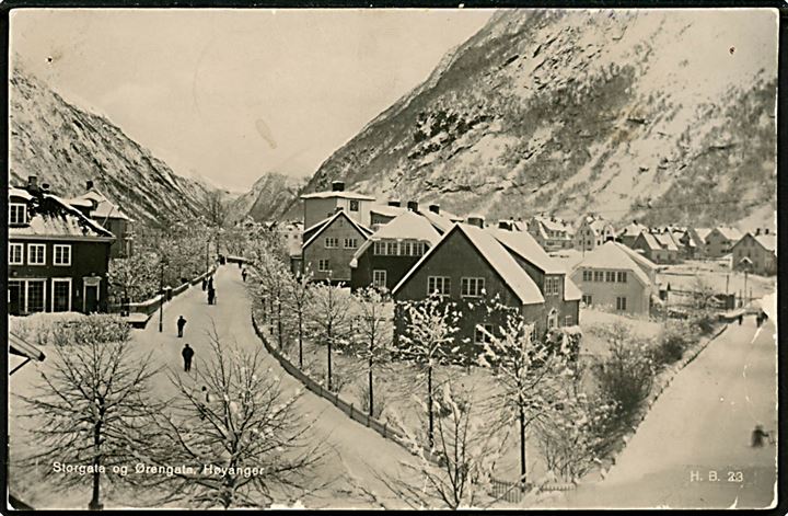 20 øre Løve på brevkort (Storgata & Ørengata Høyanger) fra Høyanger annulleret med sejlende bureaustempel Sogn F d. 22.1.1942 til Falkenberg, Sverige. Stempel: “Retur / Forbudt”, da fotokort ikke måtte sendes til udlandet. Rift, fold og nålehuller.