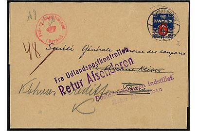 6/4 øre provisorisk helsagskorsbånd (fabr. 10) fra Købnhavn d. 28.6.1941 til Paris, Frankrig. Dansk censur og returneret med stempel “Fra Udlandspostkontrollen / Retur Afsenderen” og “Postudvekslingen indstillet / Retur Afsenderen”. 