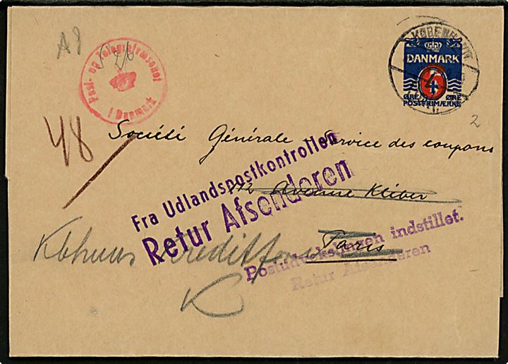 6/4 øre provisorisk helsagskorsbånd (fabr. 10) fra Købnhavn d. 28.6.1941 til Paris, Frankrig. Dansk censur og returneret med stempel “Fra Udlandspostkontrollen / Retur Afsenderen” og “Postudvekslingen indstillet / Retur Afsenderen”. 