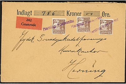 25 øre Karavel (3) på værdibrev fra Gramrode til Herning. Frankatur annulleret ved ankoms med violet liniestempel “Herning Postkontor”. På bagsiden ank.stemplet brotype IIc Herning d. 30.8.1938.