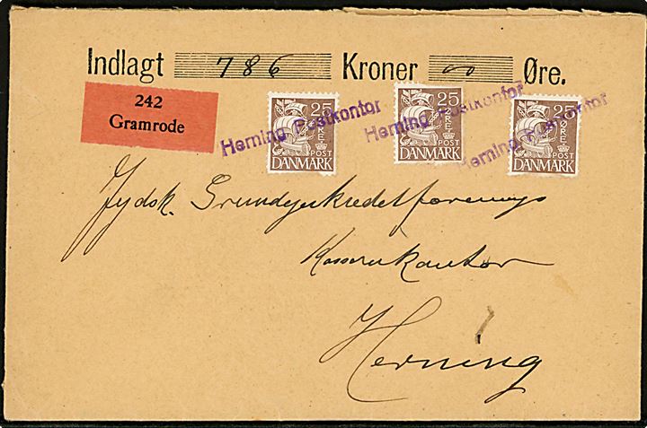 25 øre Karavel (3) på værdibrev fra Gramrode til Herning. Frankatur annulleret ved ankoms med violet liniestempel “Herning Postkontor”. På bagsiden ank.stemplet brotype IIc Herning d. 30.8.1938.