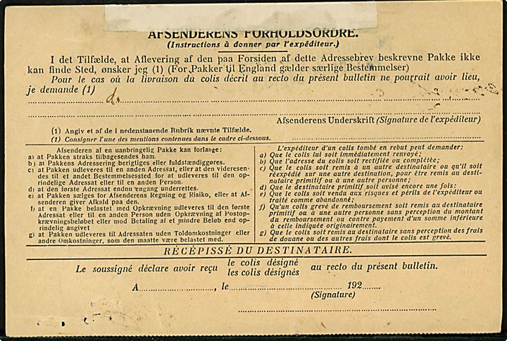 145 øre frankeret  internationalt adressekort for pakke med postopkrævning fra Kjøbenhavn d. 16.12.1924 til Haugesund, Norge. Retur med 80 øre returporto frigjort med portomærker stemplet Kjøbenhavn Toldpostk. d. 11.3.1925.