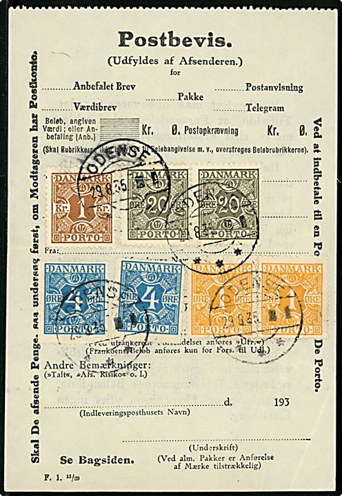 1 øre (par), 4 øre (2), 20 øre (par) og 1 kr. Portomærke på Postbevis - F.1 11/29 - annulleret med usædvanligt brotype IIh Odense d. 9.8.1935. Formodentlig kvittering for tillægsfrankering af ekspresbrev til yderdistrikt. Stempel antages at være brugt på Odense Telegrafkontor.  