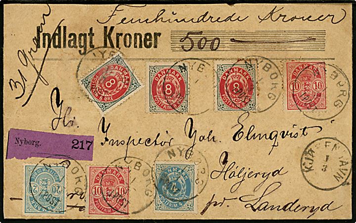 4 øre, 8 øre (3) Tofarvet, 10 øre (2) og 20 øre Våben på 68 øre frankeret værdibrev annulleret lapidar Nyborg d. 1.3.1889 til Landeryd, Sverige. 20 øre med matricefejl “manglende fodstreg på 2 forneden t.v.”.