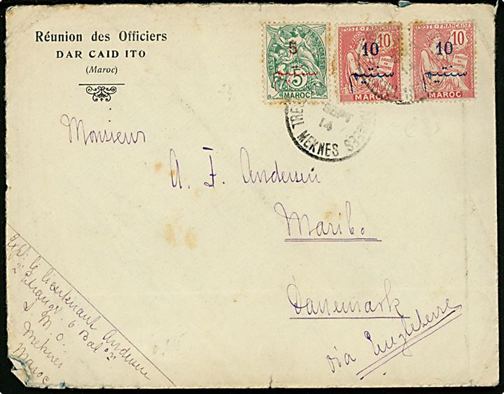 Marokko 25 c. blandingsfrankeret brev annulleret med feltpoststempel i Meknes d. ?.9.1914 til Maribo, Danmark. Fra dansk løjtnant, Kai Kiær-Andersen, i Fremmedlegionens 2. Regiment Etranger i Marokko. Ank.stemplet i Maribo d. 9.10.1914.