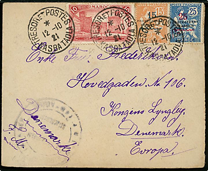 Marokko 50 c. blandingsfrankeret brev annulleret med feltpoststempel Tresor et Postes Kasbatadla d. 12.10.1921 til Lyngby, Danmark. Fra dansk fremmedlegionær No. 12008 Henry Madsen i 4. Regiment i Marokko. 