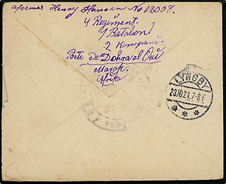 Marokko 50 c. blandingsfrankeret brev annulleret med feltpoststempel Tresor et Postes Kasbatadla d. 12.10.1921 til Lyngby, Danmark. Fra dansk fremmedlegionær No. 12008 Henry Madsen i 4. Regiment i Marokko. 